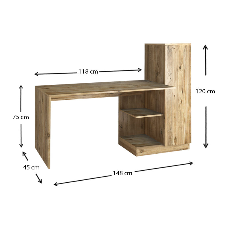 TAURUS Office Desk in Atlantic Pine, featuring a spacious design with built-in cupboard and shelves, perfect for home or office use.