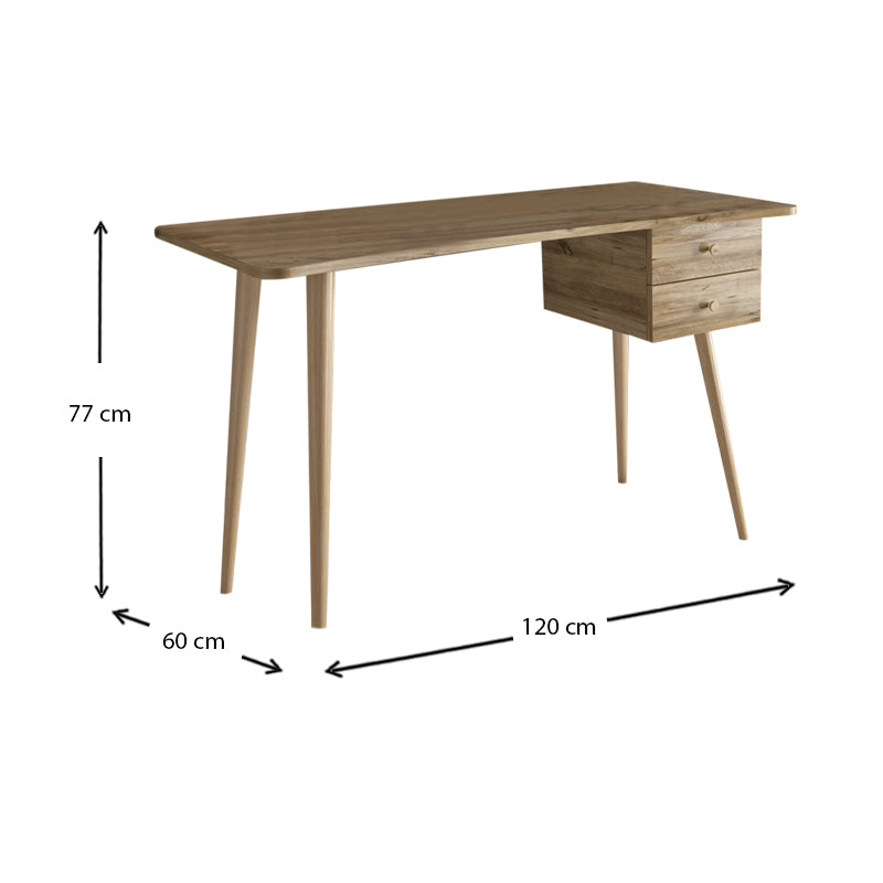 TREVISO Office Desk in Atlantic Pine with two drawers and four wooden legs, dimensions 120x60x77 cm, showcasing a modern and elegant design.