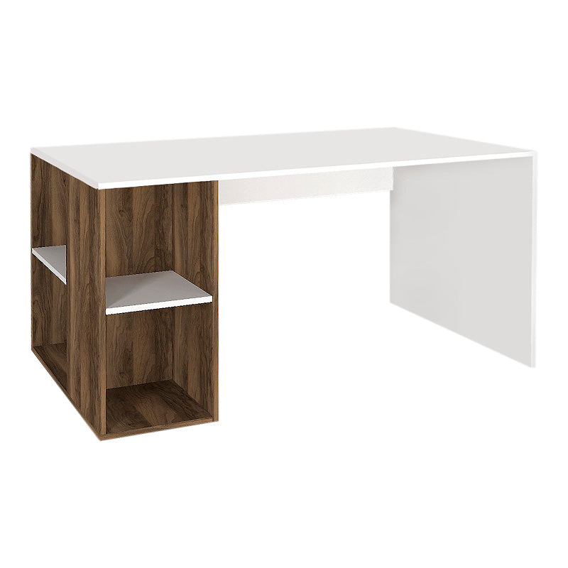 LAURA Office Desk with Bookcase in white and walnut finish, featuring a spacious work surface and integrated storage.