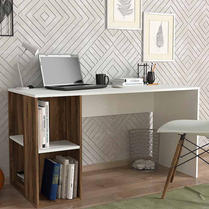 LAURA Office Desk with Bookcase in white and walnut finish, featuring a spacious work surface and integrated storage.