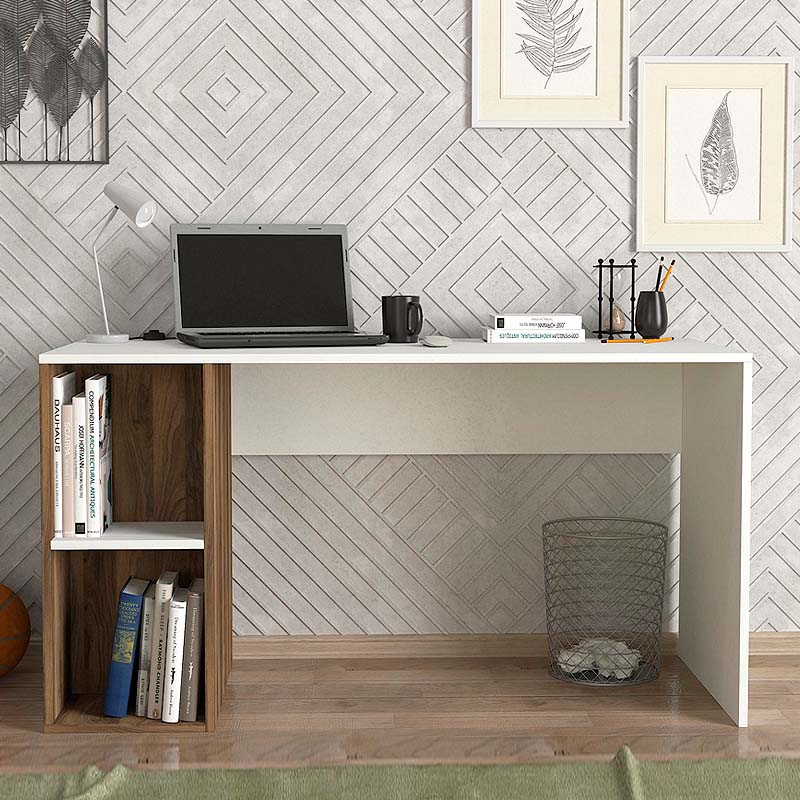 LAURA Office Desk with Bookcase in white and walnut finish, featuring a spacious work surface and integrated storage.