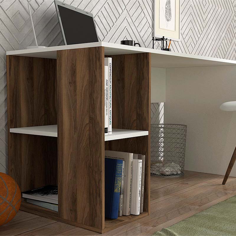 LAURA Office Desk with Bookcase in white and walnut finish, featuring a spacious work surface and integrated storage.