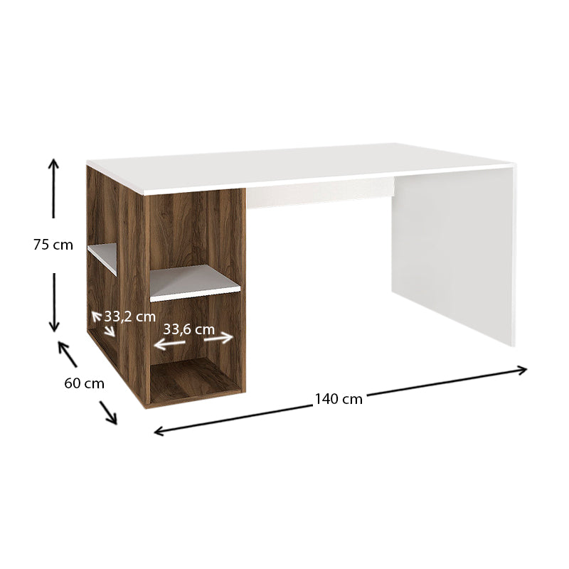 LAURA Office Desk with Bookcase in white and walnut finish, featuring a spacious work surface and integrated storage.