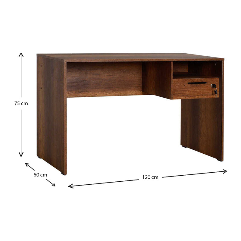 KRAMER Office Desk in walnut color, featuring a drawer and shelf, dimensions 120x60x75 cm.