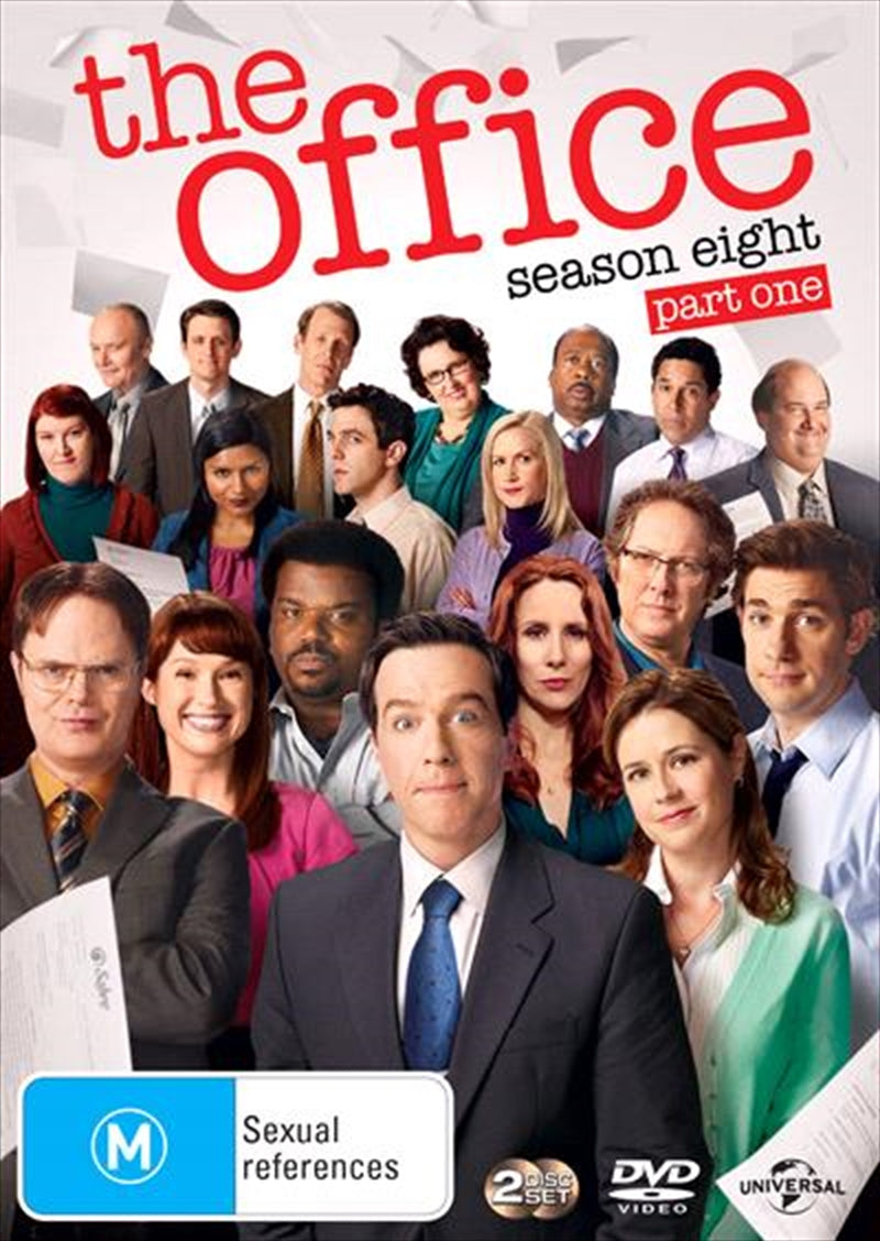 The Office - Season 8 - Part 1 DVD cover featuring main characters Michael Scott, Jim Halpert, and Pam Beesly in a comedic office setting.