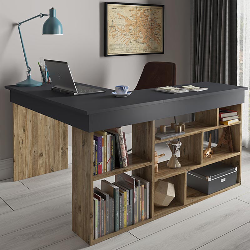 LUNA Office Set in walnut and anthracite, featuring a spacious desk and shelves for storage, ideal for home or business use.