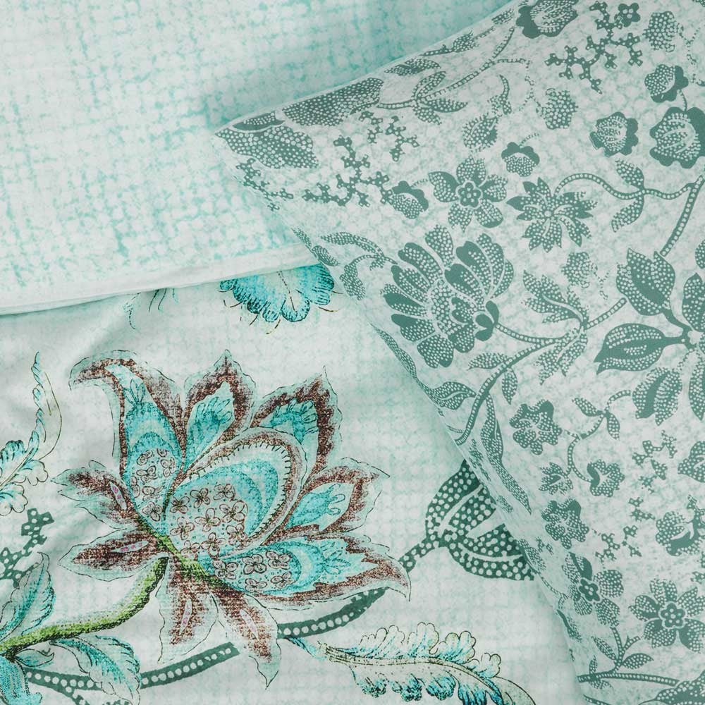 Oilily City Sits Green Quilt Cover Set featuring hand-painted floral design on cotton sateen fabric, perfect for modern bedrooms.