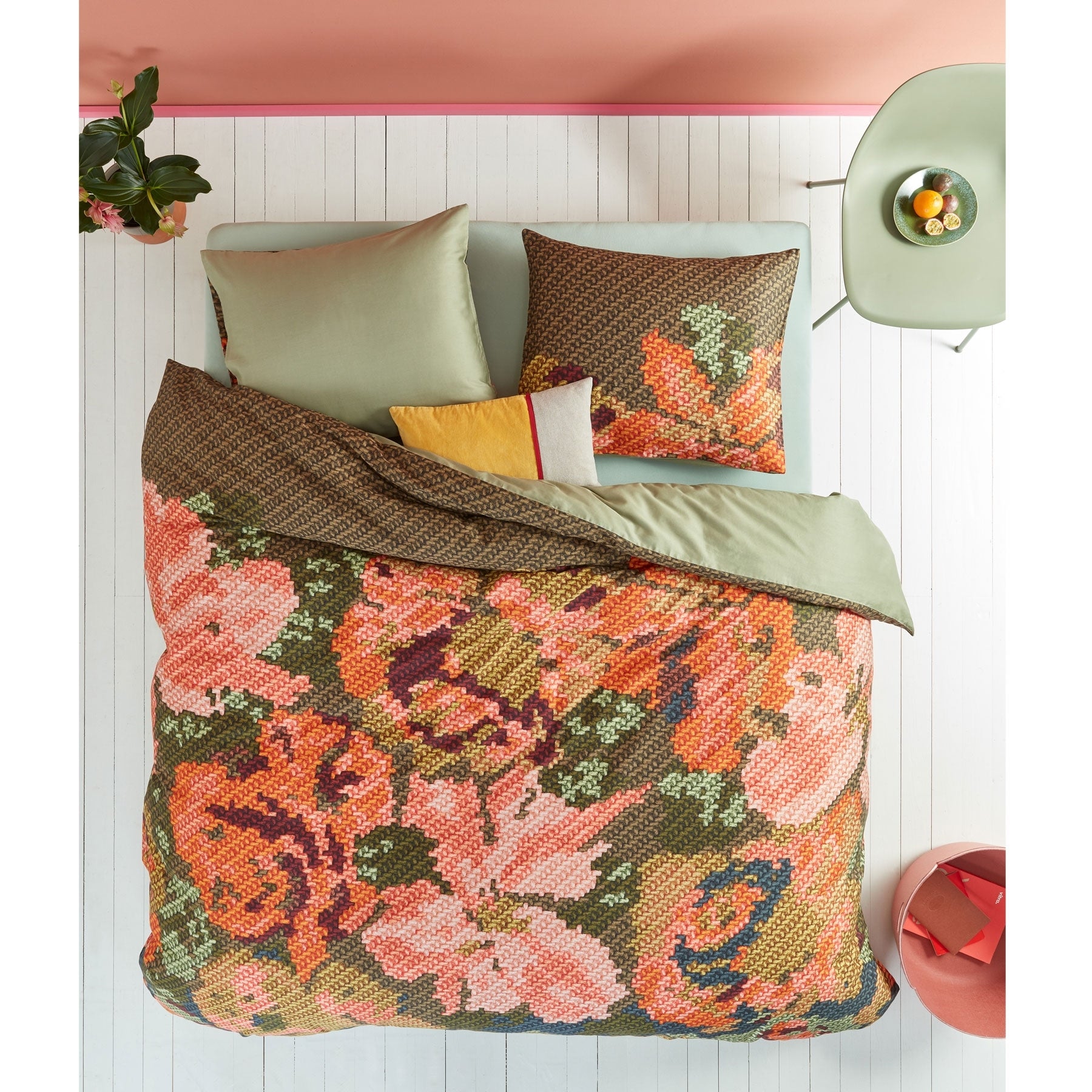 Oilily Embroidered Flower Multi Quilt Cover Set featuring colorful floral designs on a soft cotton sateen fabric.