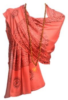 OM Bhakti Prayer Shawl featuring hand block printed OM symbols on soft rayon fabric, elegantly draped.