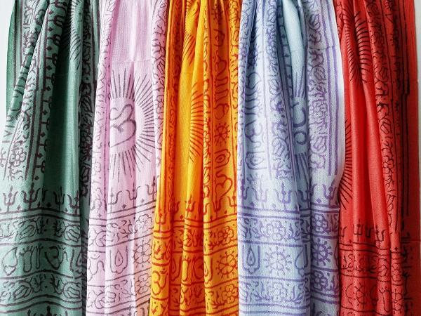 OM Bhakti Prayer Shawl featuring hand block printed OM symbols on soft rayon fabric, elegantly draped.