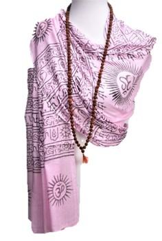 OM Bhakti Prayer Shawl featuring hand block printed OM symbols on soft rayon fabric, elegantly draped.