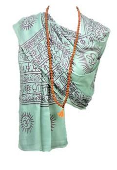 OM Bhakti Prayer Shawl featuring hand block printed OM symbols on soft rayon fabric, elegantly draped.