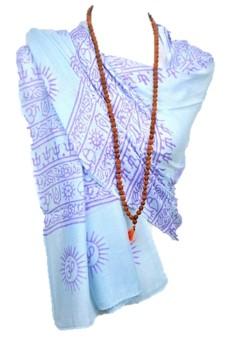 OM Bhakti Prayer Shawl featuring hand block printed OM symbols on soft rayon fabric, elegantly draped.