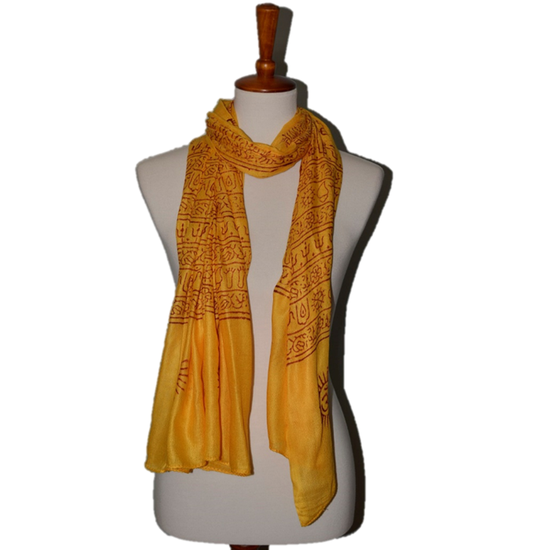 OM Bhakti Prayer Shawl featuring hand block printed OM symbols on soft rayon fabric, elegantly draped.