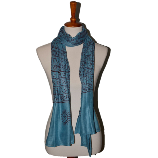 OM Bhakti Prayer Shawl featuring hand block printed OM symbols on soft rayon fabric, elegantly draped.