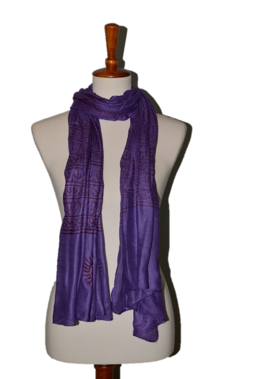 OM Bhakti Prayer Shawl featuring hand block printed OM symbols on soft rayon fabric, elegantly draped.