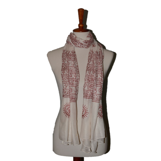 OM Bhakti Prayer Shawl featuring hand block printed OM symbols on soft rayon fabric, elegantly draped.