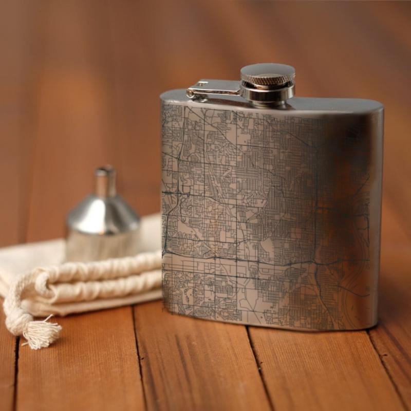 Custom engraved 6oz hip flask featuring a detailed map of Omaha, Nebraska, with a canvas bag and funnel included.