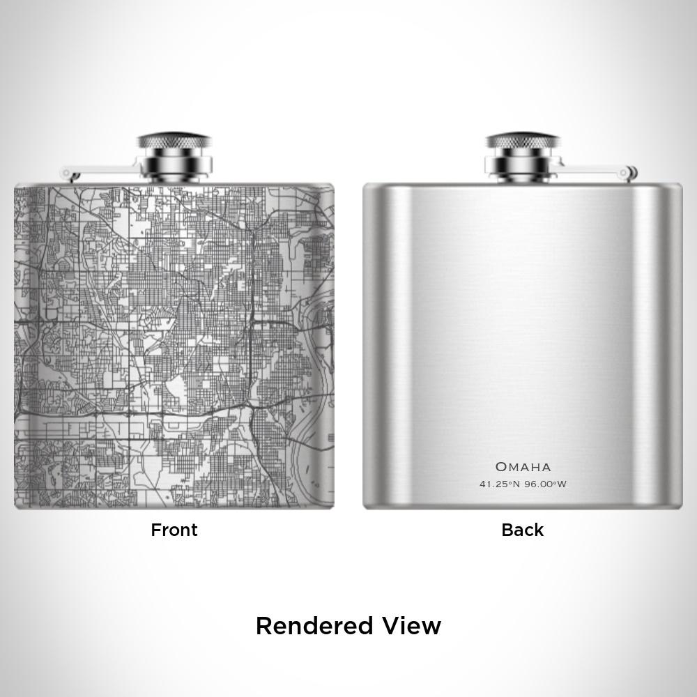 Custom engraved 6oz hip flask featuring a detailed map of Omaha, Nebraska, with a canvas bag and funnel included.