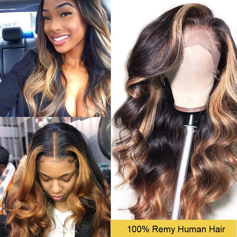 Ombre Blonde 13x4 Lace Front Human Hair Wig displayed on a mannequin, showcasing its body wave texture and medium brown lace base.