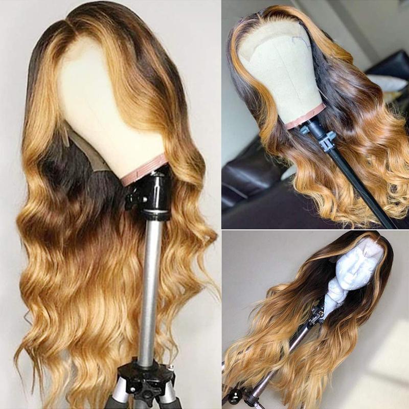 Ombre Blonde 13x4 Lace Front Human Hair Wig displayed on a mannequin, showcasing its body wave texture and medium brown lace base.