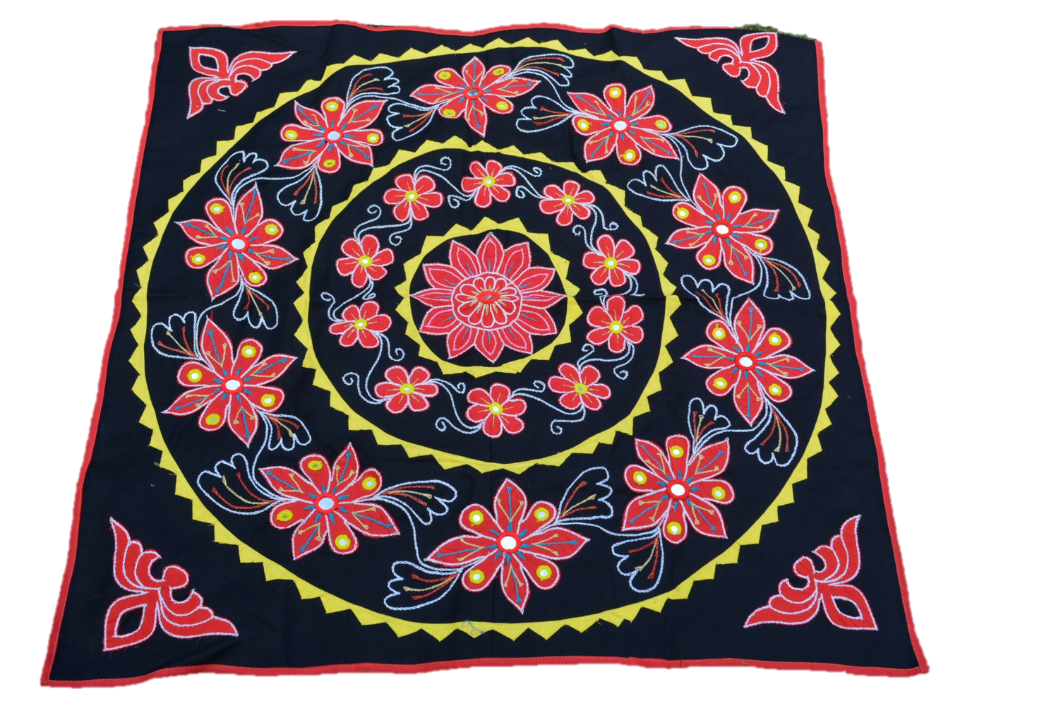 OMsutra Mandala Applique Boho Tapestry featuring intricate floral and elephant designs on solid cotton fabric, perfect for wall decor.