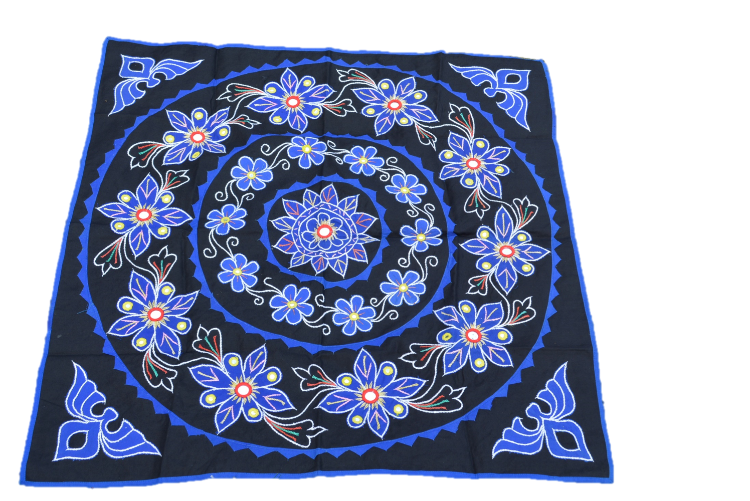 OMsutra Mandala Applique Boho Tapestry featuring intricate floral and elephant designs on solid cotton fabric, perfect for wall decor.