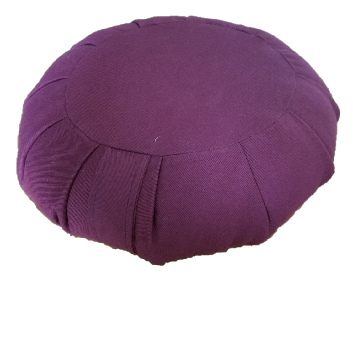 OMSutra Round Meditation Zafu cushion in purple, black, and burgundy colors, featuring a sturdy handle and side zipper for adjustable filling.