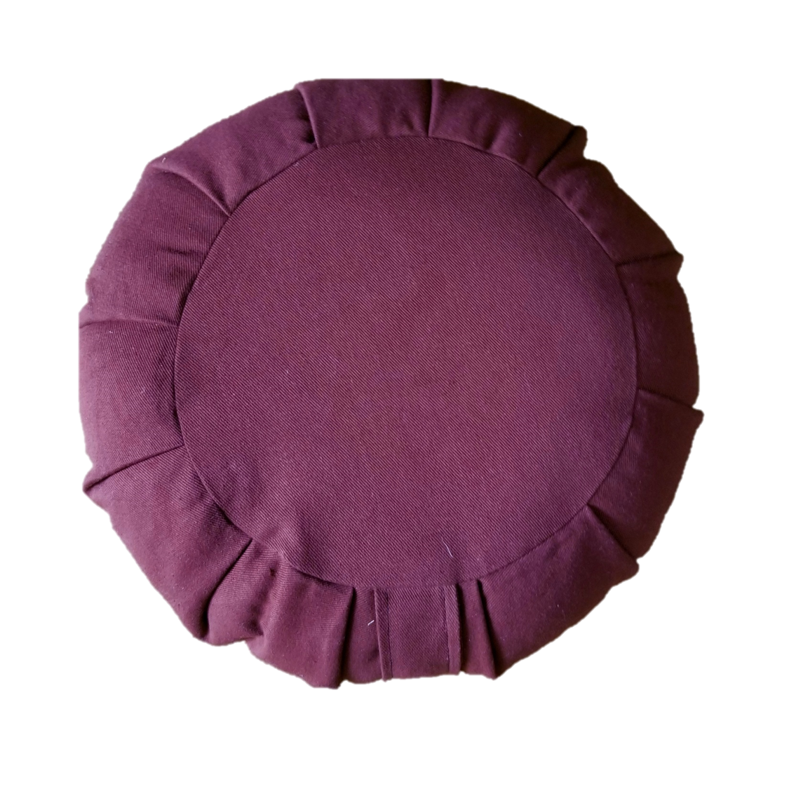 OMSutra Round Meditation Zafu cushion in purple, black, and burgundy colors, featuring a sturdy handle and side zipper for adjustable filling.