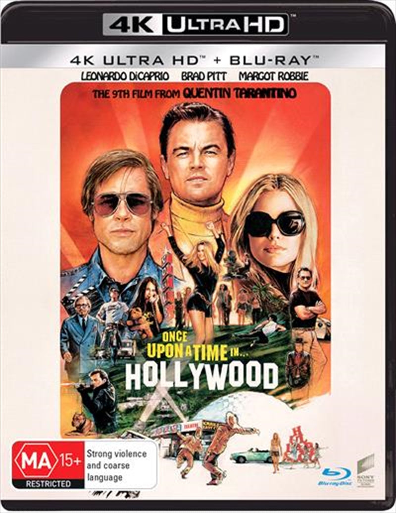 Blu-ray + UHD edition of 'Once Upon A Time In Hollywood' featuring iconic characters and vibrant 1960s Hollywood imagery.