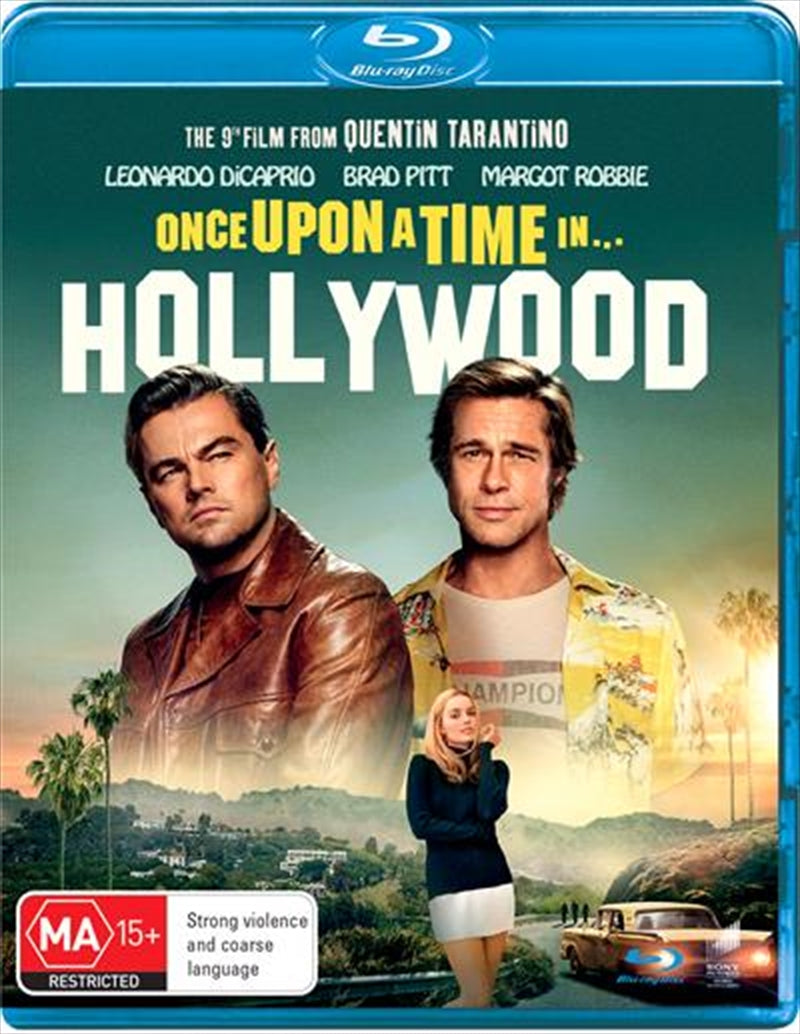 Blu-ray cover of 'Once Upon A Time In Hollywood' featuring Leonardo DiCaprio and Brad Pitt in a vintage Hollywood setting.