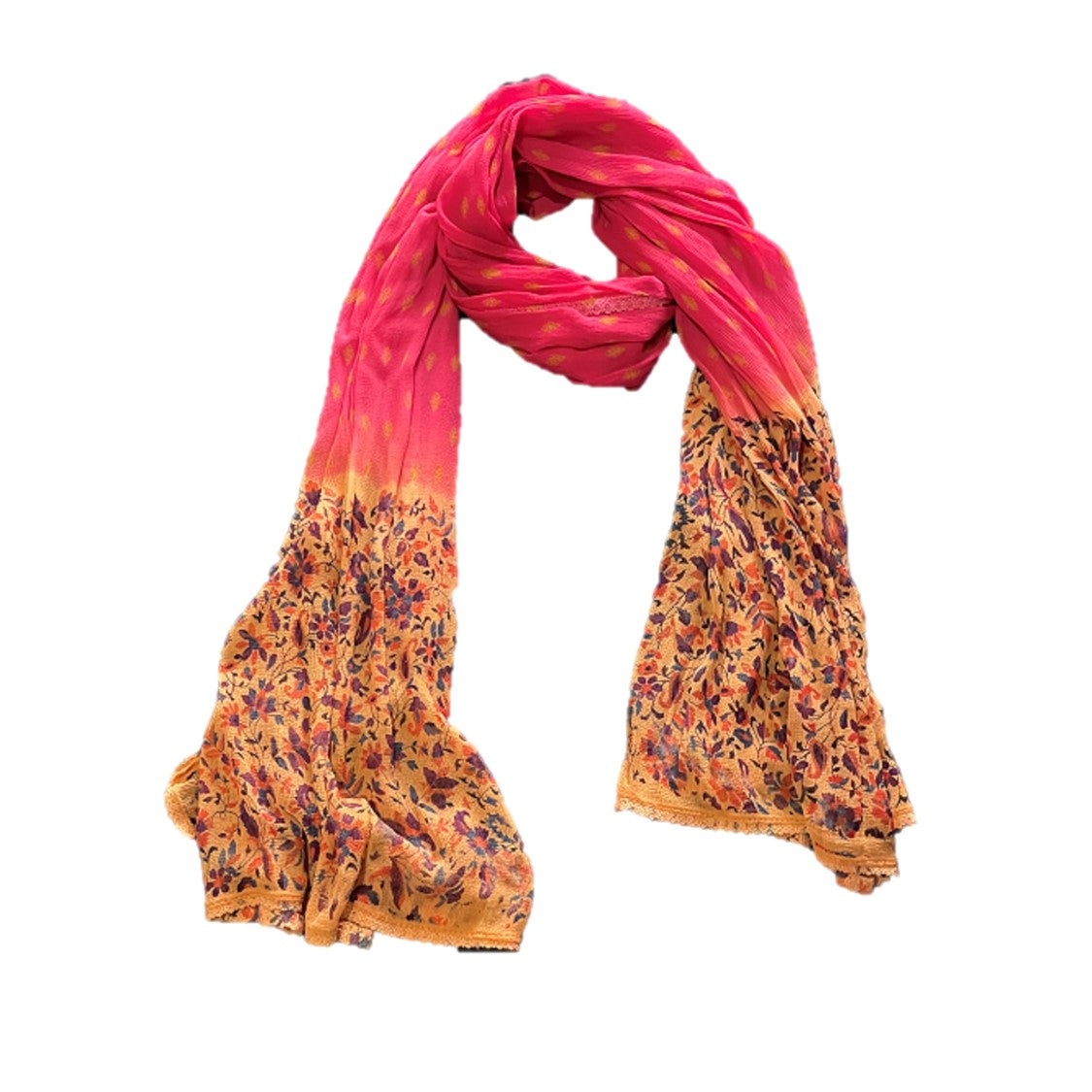 A vibrant floral pure silk chiffon scarf, showcasing intricate patterns and luxurious texture, perfect for layering and everyday wear.