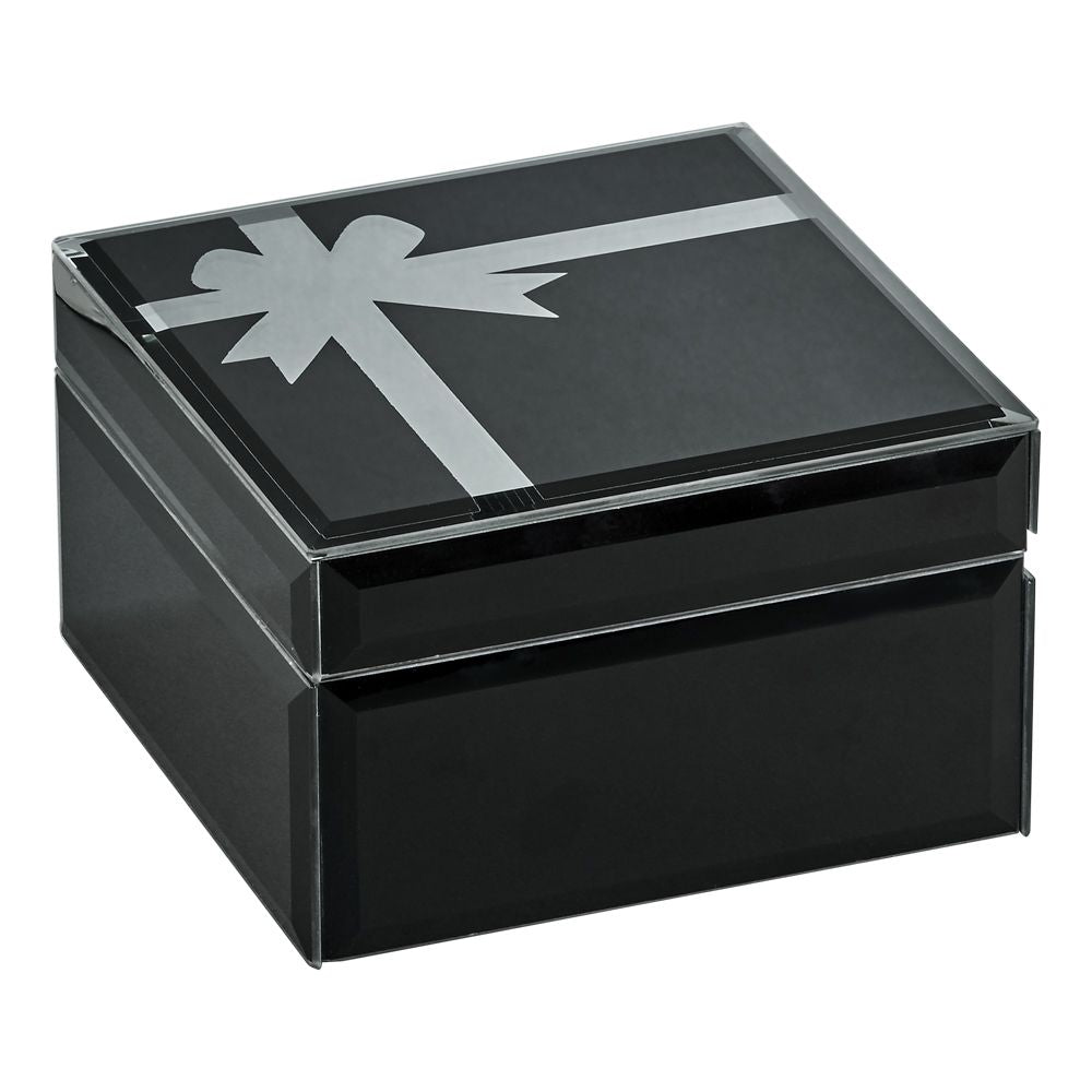 Elegant Onyx Glass Box with Bow, perfect for jewelry storage, featuring a hinged cover and lined interior.