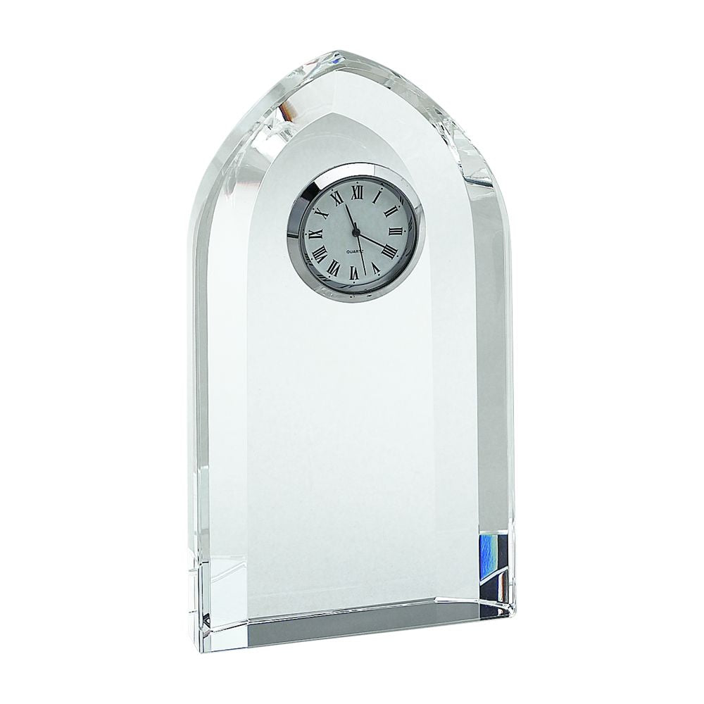 Optic Crystal Arched Clock standing 6 inches tall with chrome bezel and white clock face.