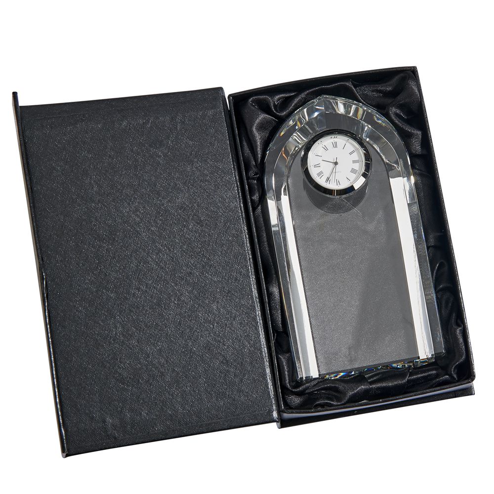 Optic Crystal Arched Clock standing 6 inches tall with chrome bezel and white clock face.