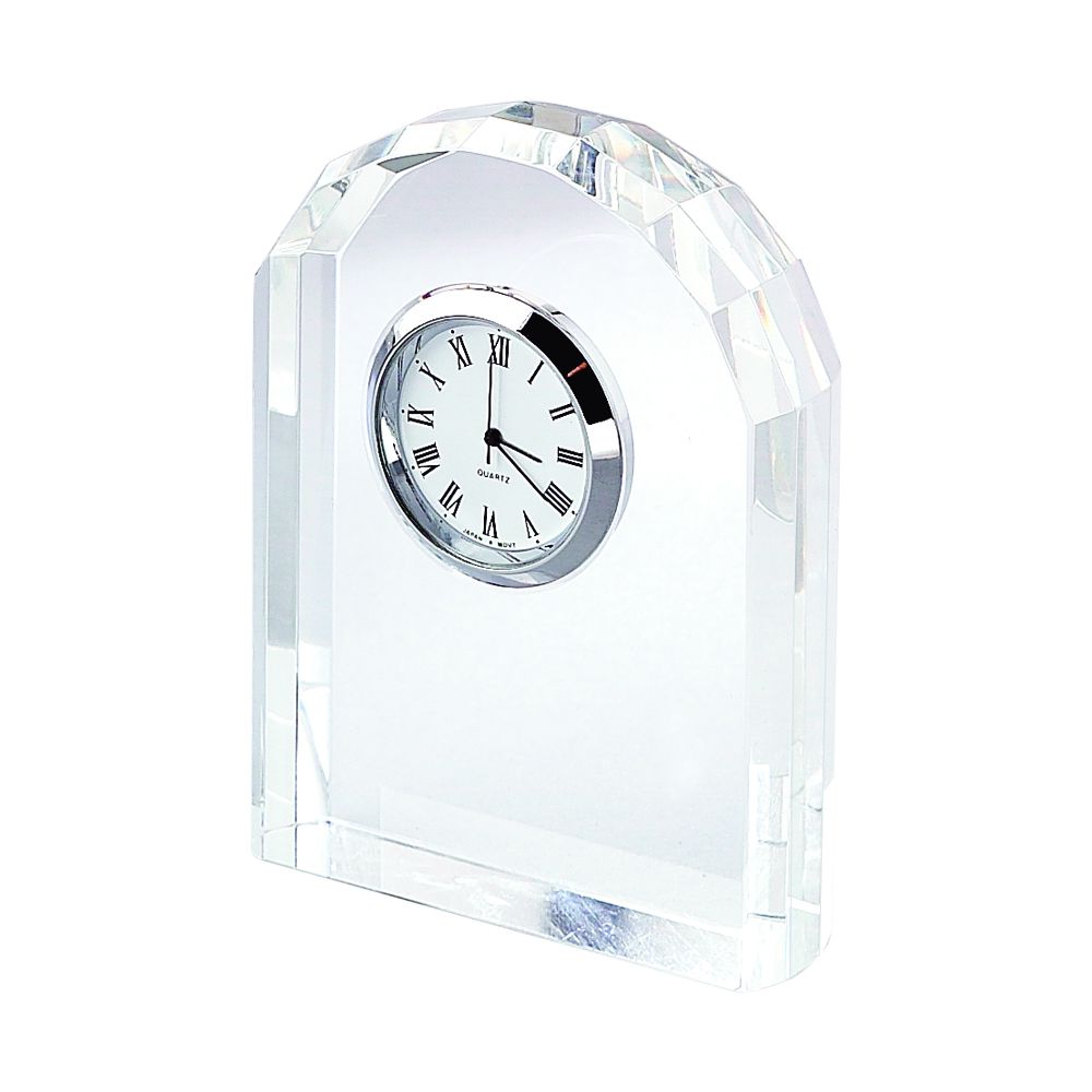 Elegant Optic Crystal Arched Clock with chrome bezel and Roman numerals.