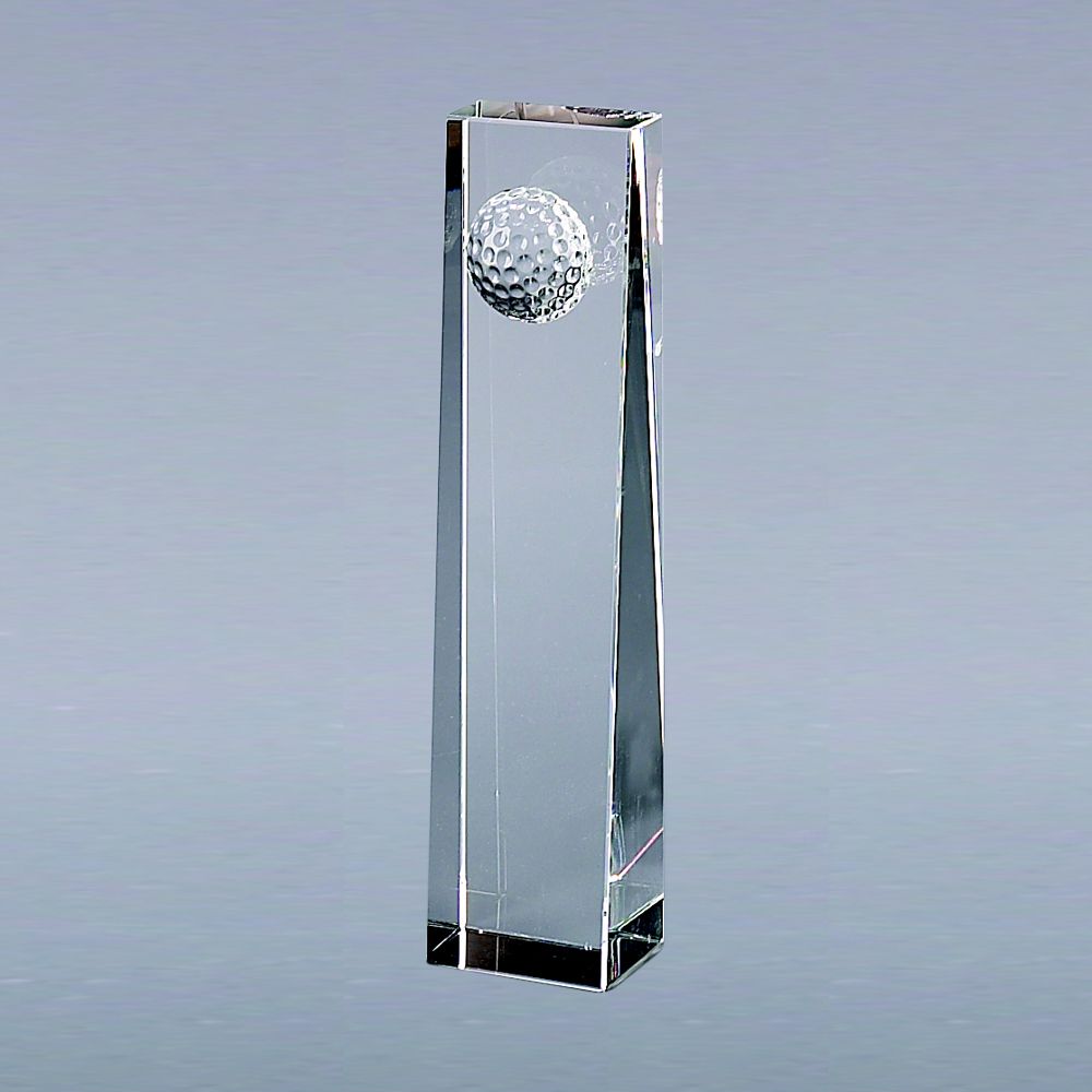 Optic Crystal Golf Ball Obelisk trophy, 6.25 inches tall with a raised golf ball feature, elegantly designed for awards.