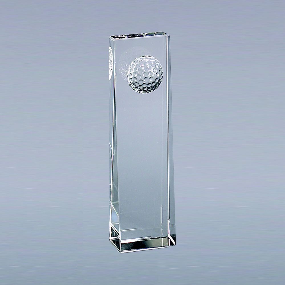 Optic Crystal Golf Ball Obelisk trophy, 8.75 inches tall with a raised golf ball design, elegantly tapered sides, and boxed for gifting.