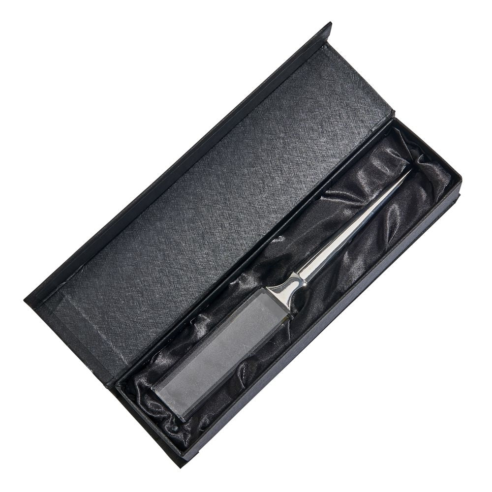 Elegant optic crystal letter opener with a nickel plated blade, presented in a black gift box with satin lining.