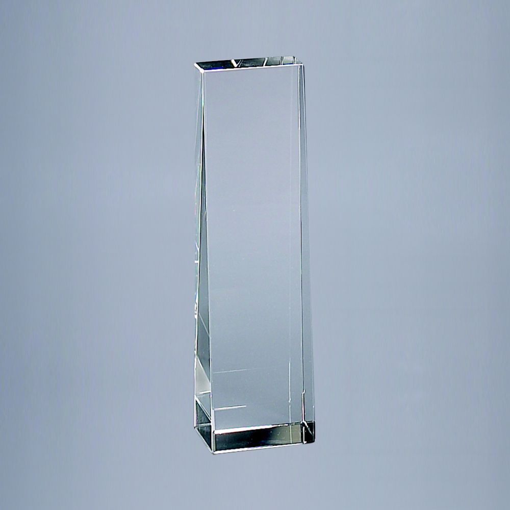 7.75 inch tall optic crystal obelisk trophy with a sleek tapering design, suitable for engraving.