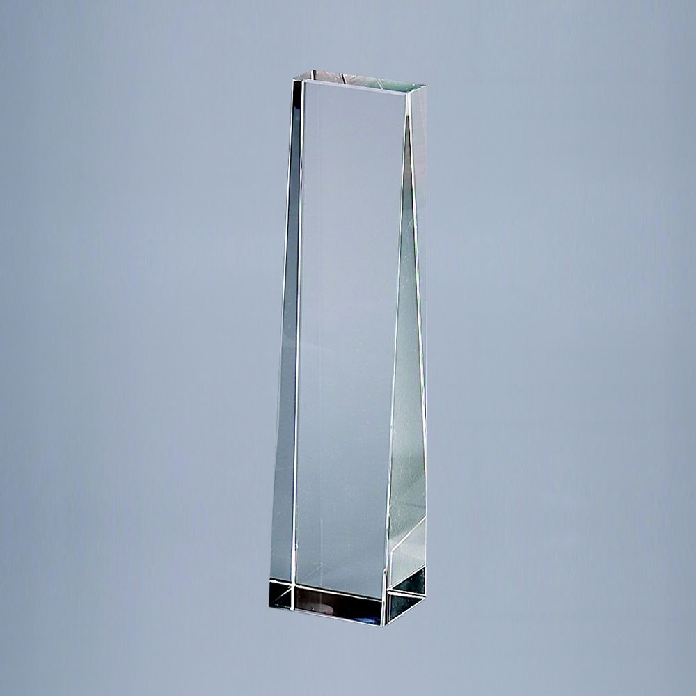 8.75 inch tall optic crystal obelisk trophy with tapered design, suitable for engraving.