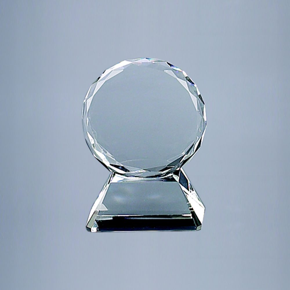 5-inch tall optic crystal trophy with facet cuts on a base, elegantly presented in a box.