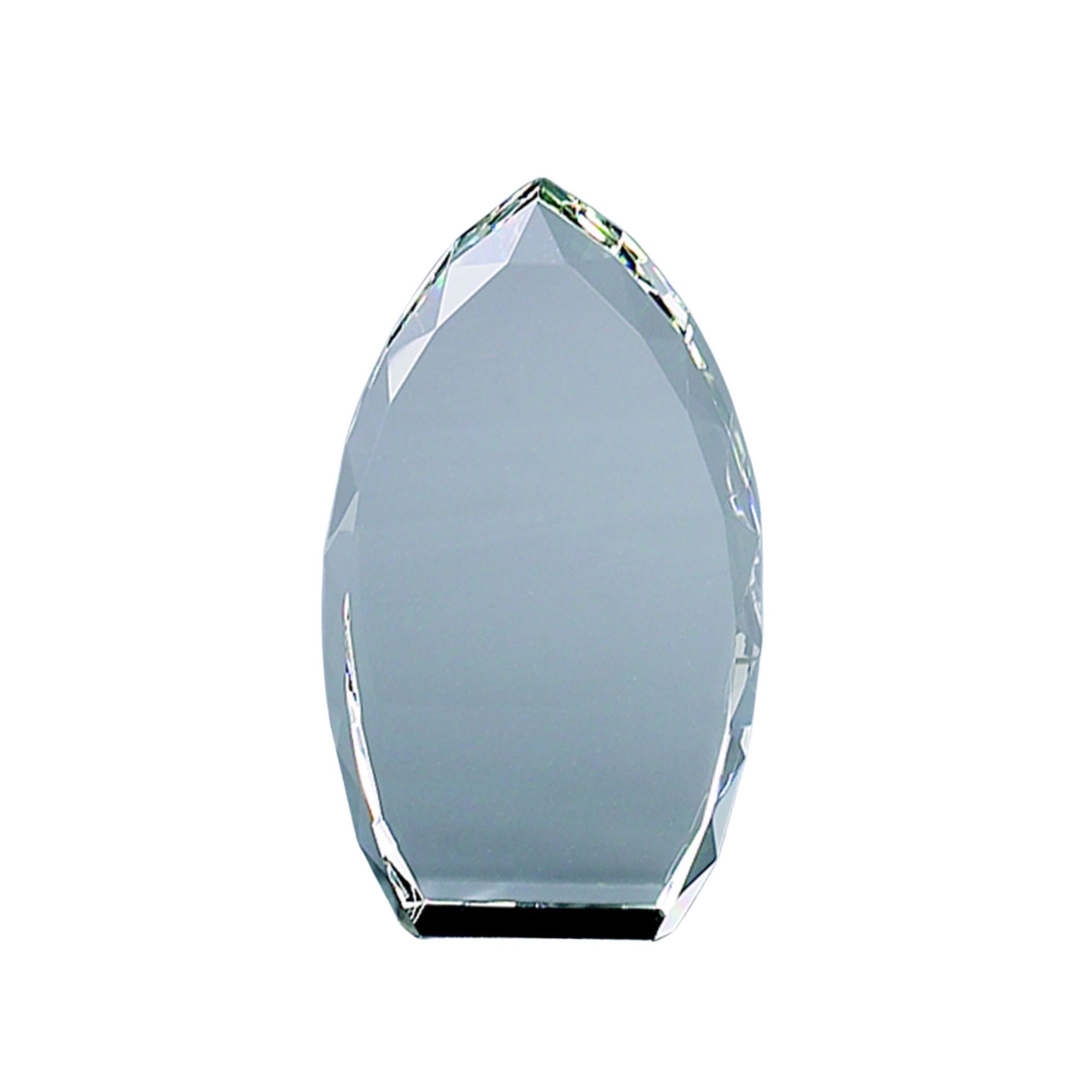 5-inch tall Optic Crystal Trophy Point with teardrop shape and shimmering facets, ideal for awards and laser engraving.