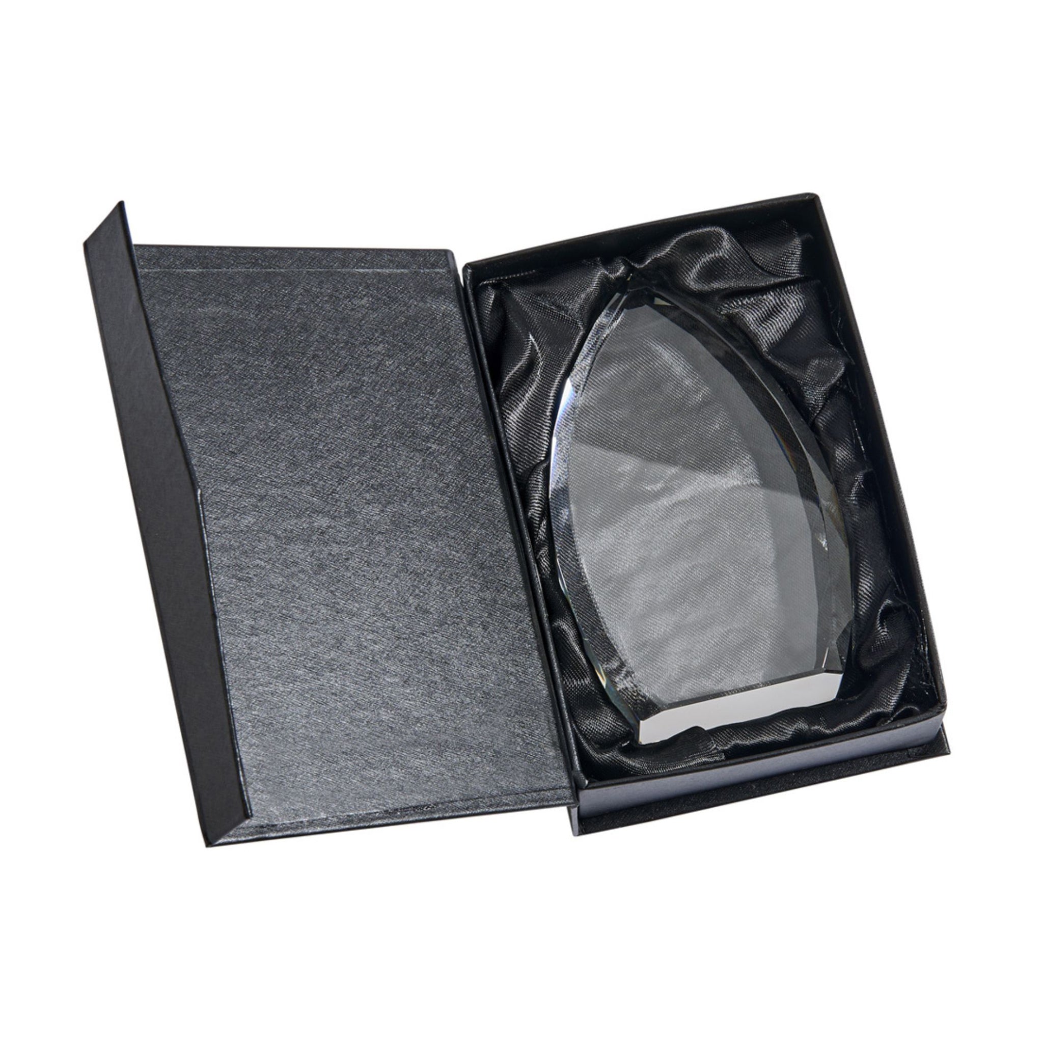 5-inch tall Optic Crystal Trophy Point with teardrop shape and shimmering facets, ideal for awards and laser engraving.