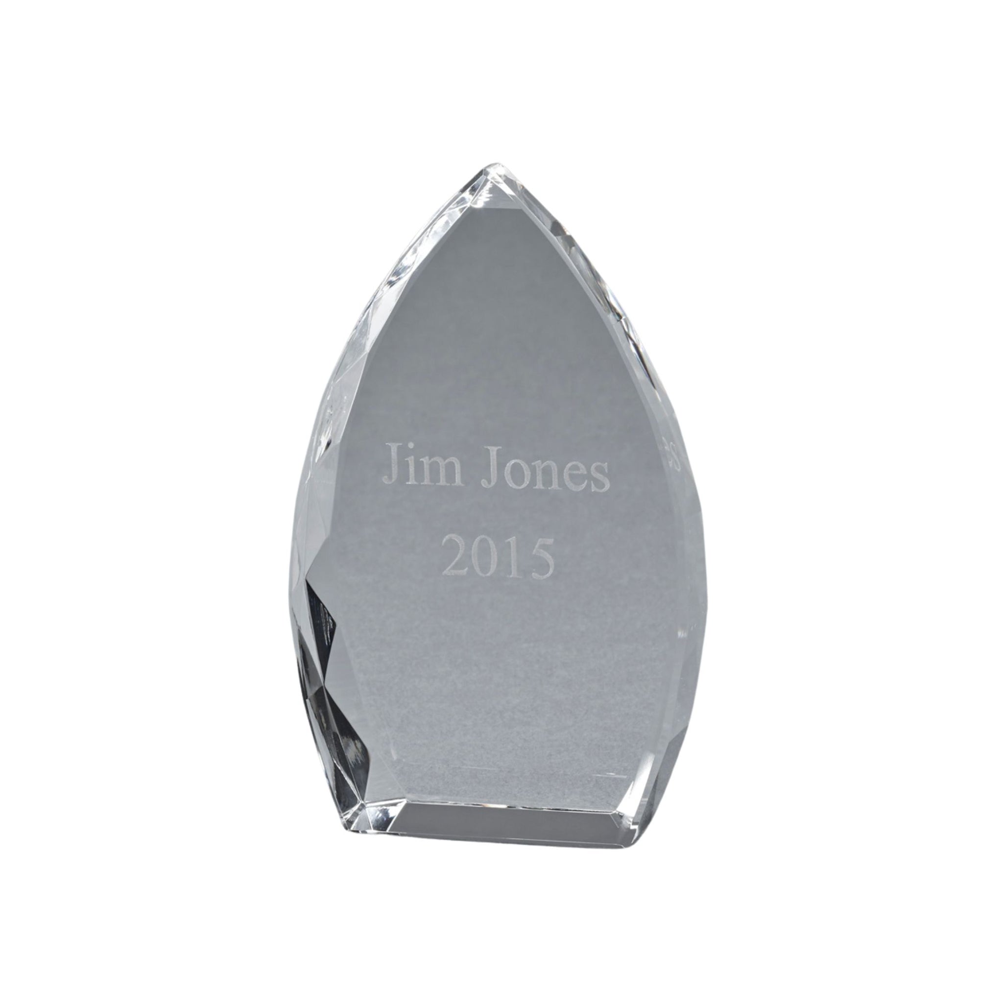 5-inch tall Optic Crystal Trophy Point with teardrop shape and shimmering facets, ideal for awards and laser engraving.