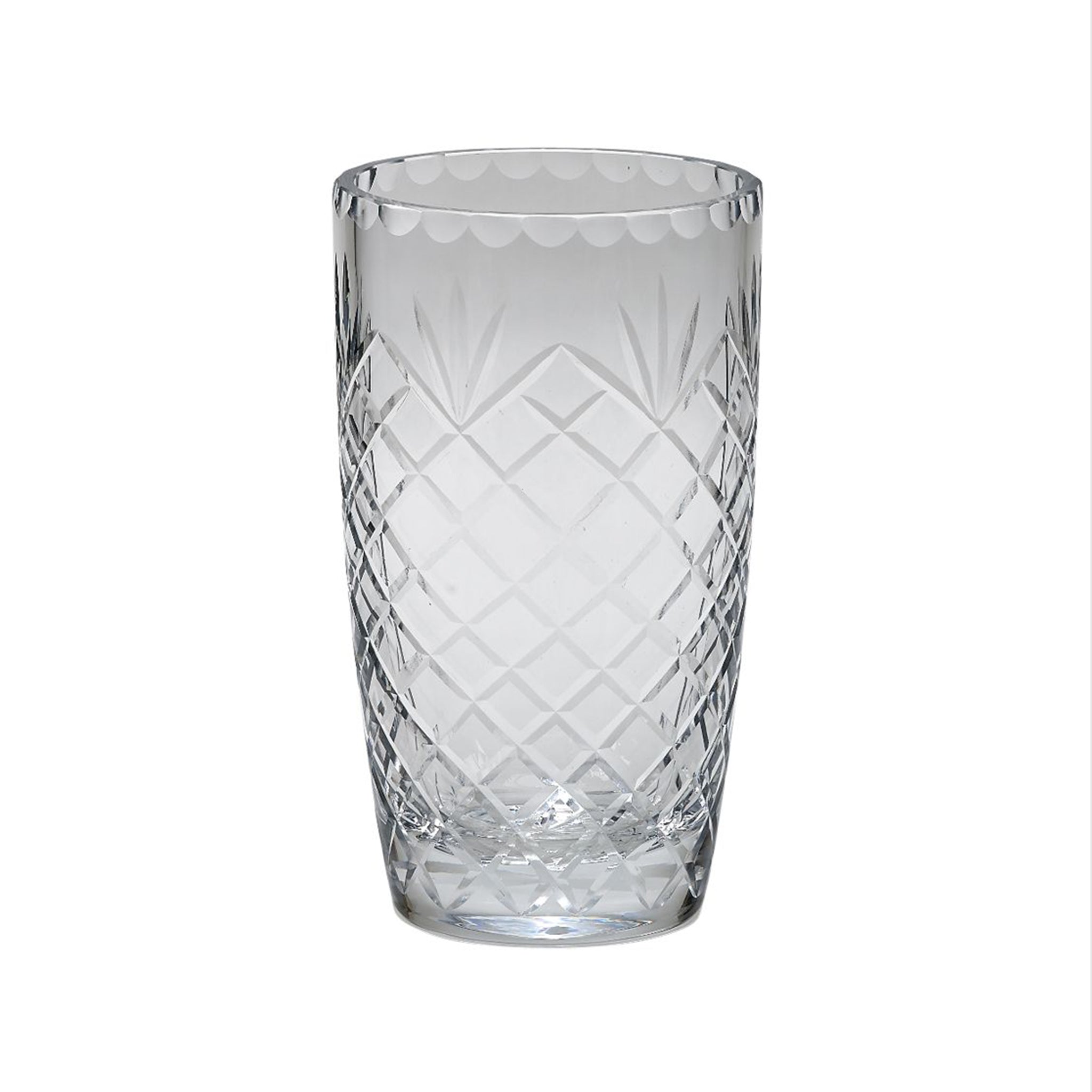 Elegant 7.75-inch tall optic crystal vase with Medallion II pattern, showcasing intricate cut designs and a lead-free composition.