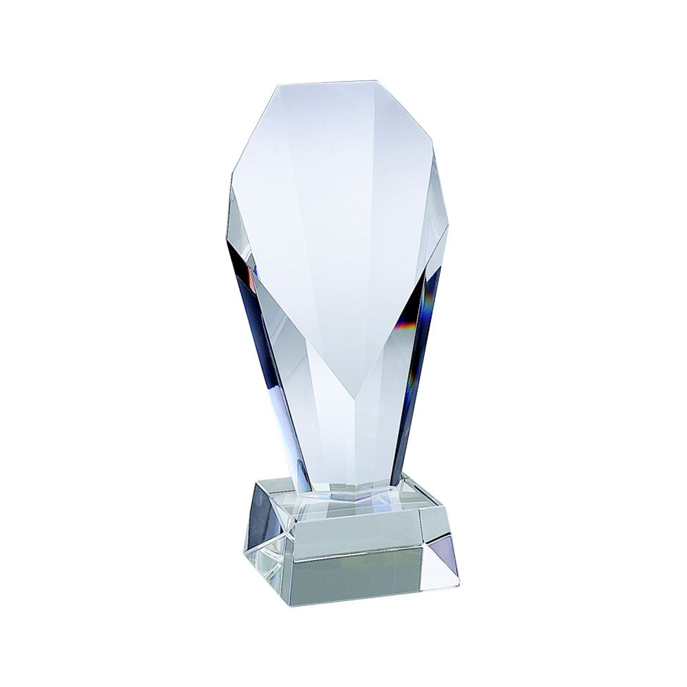 Optic Fountain Trophy, 7.25 inches tall, featuring a crystal design resembling a spouting fountain with a personalized engraving area.