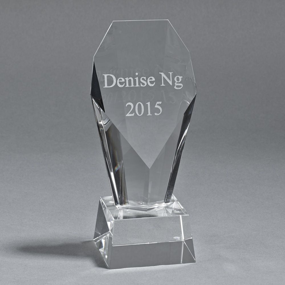 Optic Fountain Trophy, 8.25 inches tall, featuring a crystal spouting fountain design with a personalized engraving area.