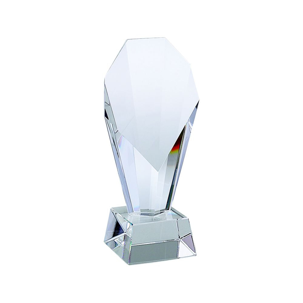 Optic Fountain Trophy, 8.25 inches tall, featuring a crystal spouting fountain design with a personalized engraving area.