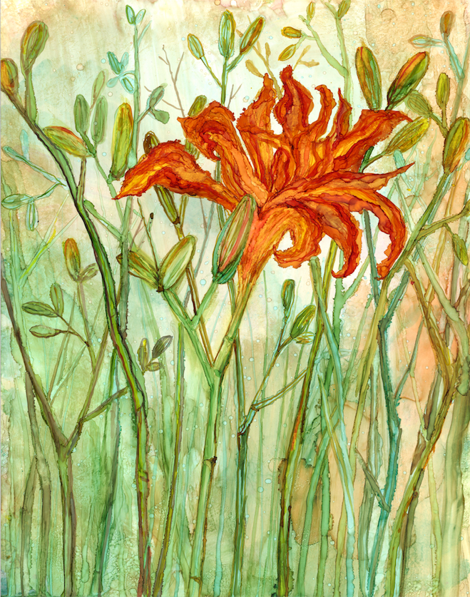 A vibrant Orange Daylily greeting card featuring a colorful alcohol ink design, perfect for any occasion.